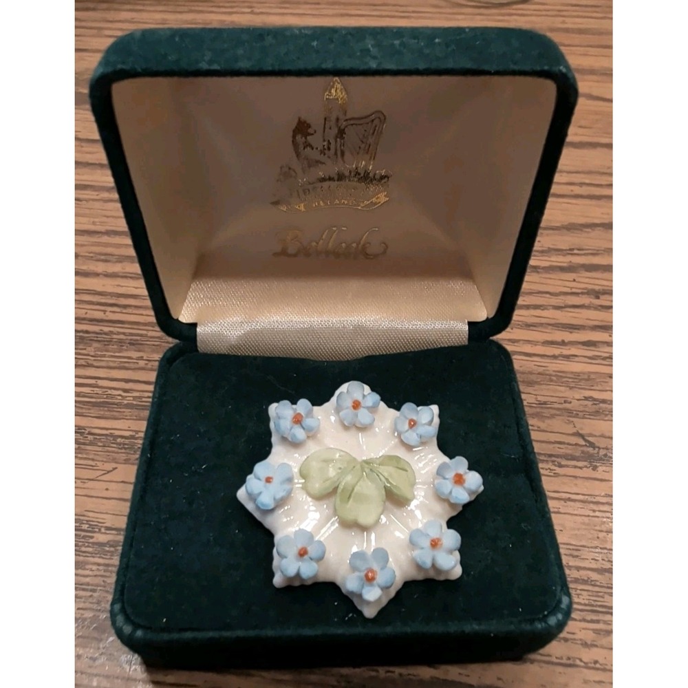 Vintage Belleek Porcelain Floral Forget Me Not Brooch With Original Box